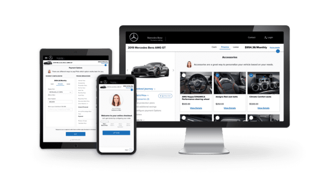 iPad, iPhone X, and iMac showing mobile and desktop portals for Mercedez-Benz automtoive digital retailing.