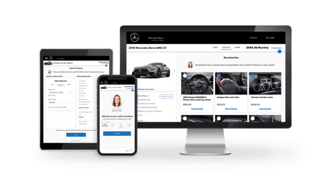 iPad, iPhone X et iMac qui démontrent les portails pour le mobile et les ordinateurs de bureau pour la vente au détail numérique automobile de Mercedez-Benz.